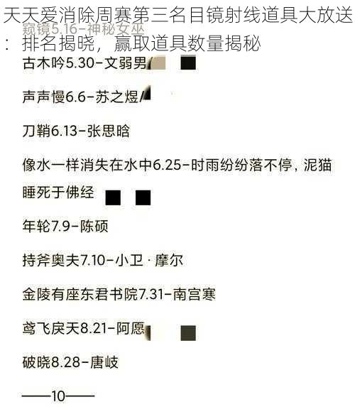 天天爱消除周赛第三名目镜射线道具大放送：排名揭晓，赢取道具数量揭秘