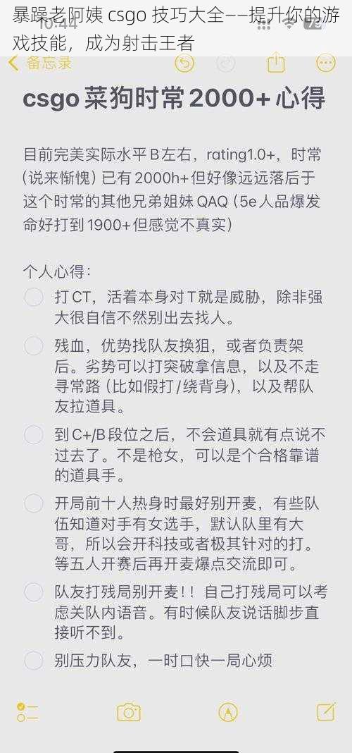 暴躁老阿姨 csgo 技巧大全——提升你的游戏技能，成为射击王者