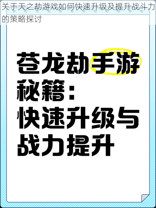 关于天之劫游戏如何快速升级及提升战斗力的策略探讨