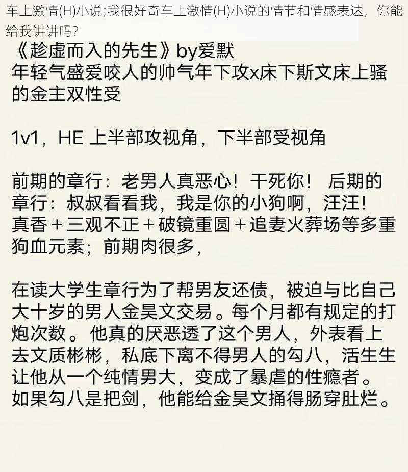 车上激情(H)小说;我很好奇车上激情(H)小说的情节和情感表达，你能给我讲讲吗？